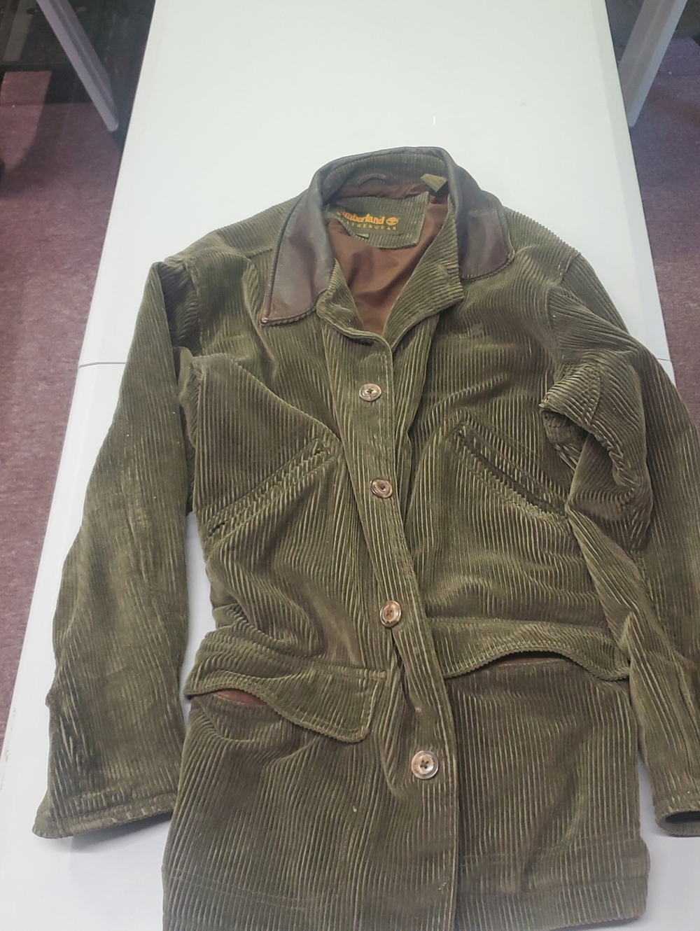 Timberland Olive Green Corduroy Jacket with Brown Leather Collar